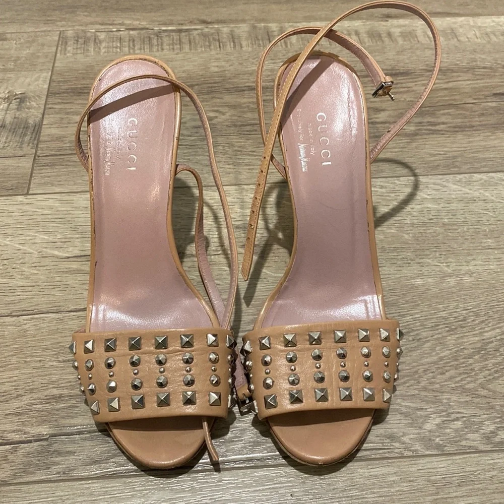 Gucci Nude Studded Ankle Strap Heels - Picture 1 of 8